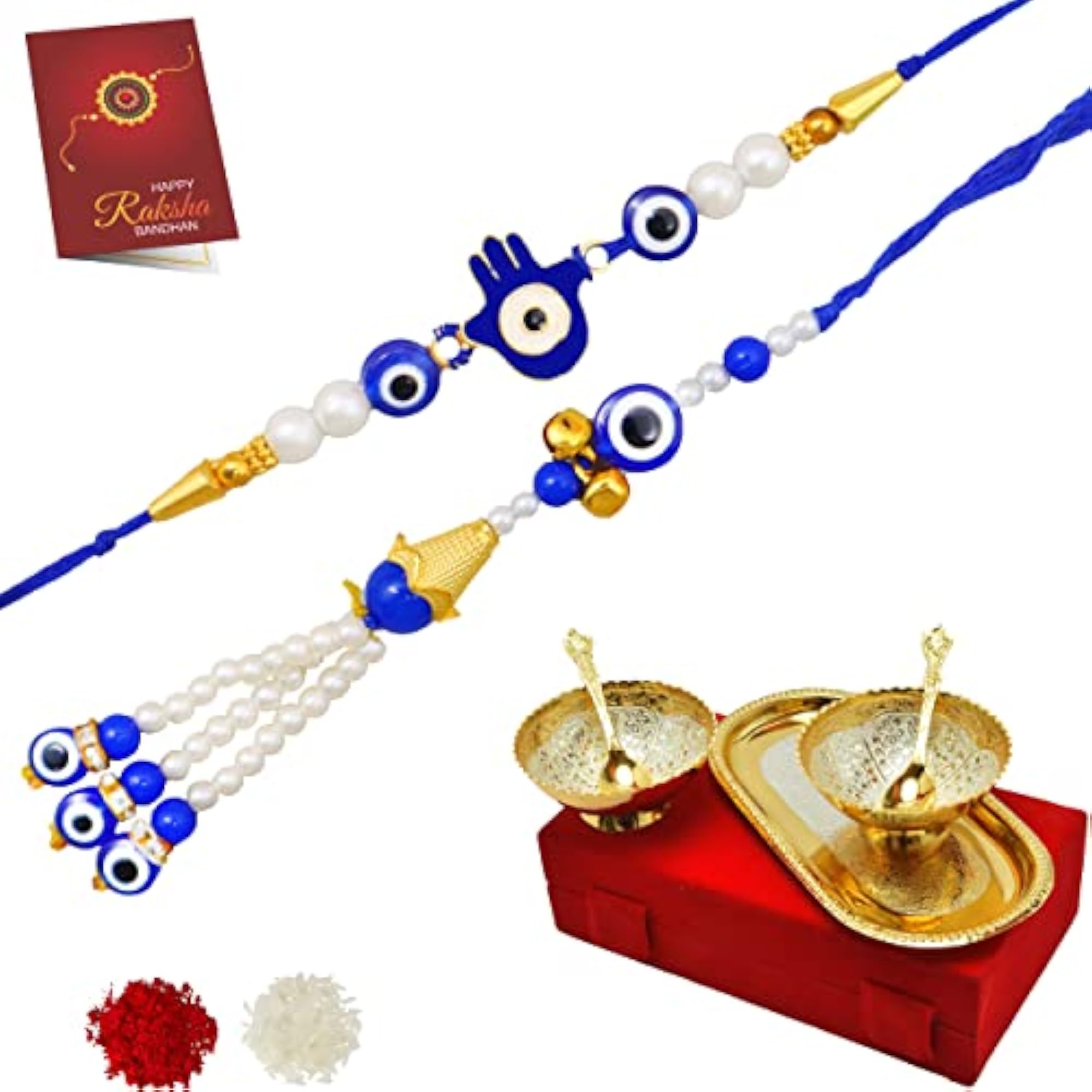 Handmade Colorful Rakhi Set with Silver & Gold Bowls